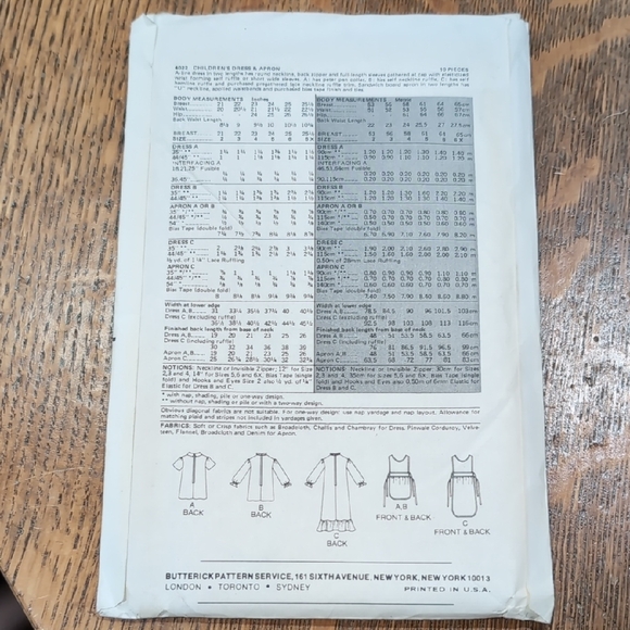 4022 Butterick Kid's Dress and Apron Pattern Size 6X - Picture 2 of 3